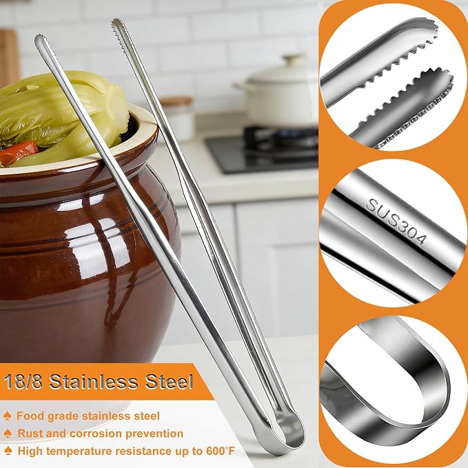 Stainless Steel Kitchen Tongs 2 Set, Non-Slip Serrated Tips, One-Piece Metal Cooking Tongs for Grilling, Plating, BBQ & Baking (11.5” & 13.5”)