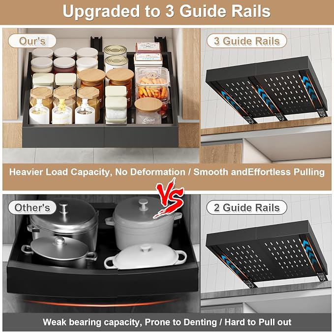 Fokyfok Pull out Cabinet Organizer,15"-21"W,17"-24"D,Expandable,Adhesive | No Drill,3 Rails,Roll out Drawers,Adjustable Slide out Shelves for Kitchen,Pantry,Framed and Framless Cabinets,Black,1PC