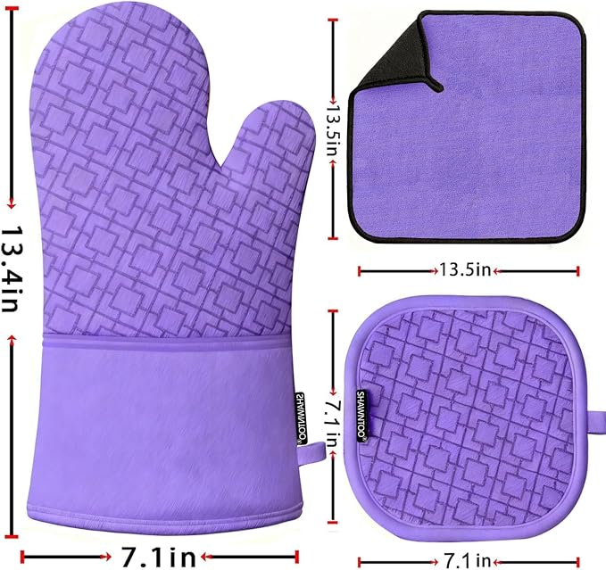 Oven Mitts and Pot Holders Sets 6pcs, Kitchen Oven Glove,High Heat Resistant 550 Degree Extra Long Oven Mitts and Potholders with Non-Slip Silicone Surface for Home Essentials (Grey) (Purple)