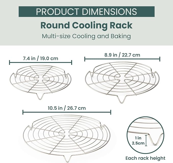 3 Set Round Cooling Racks for Baking (7.5, 9 & 10.5 Inch) | Oven & Dishwasher-Safe, 100% Stainless Steel, Steaming and Baking Rack , Fits Air Fryer, Pressure Cooker & Cake Pan