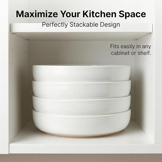 Gencywe 8.3" Pasta Bowls Set of 4, 34 oz Ceramic Salad Bowls, White Serving Plate, Wide and Shallow Bowl for for Fruits, Noodle, Dinner, Housewarming Wedding Christmas Dishwasher and Microwave Safe
