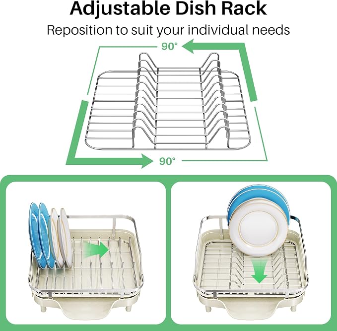 SNTD Expandable Dish Drying Rack for Kitchen Counter, 15.2-22.1 in, Beige | Rust-Resistant Stainless Steel, Protective Side Rails, Self-Draining Drainboard, Removable Utensil Holder