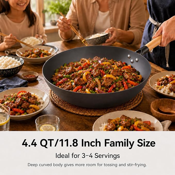 High-Purity Iron Carbon Steel Wok with Lid, 11.8 Inch Flat Bottom Wok Pan, Uncoated Stir Fry Pan with Wood Handle, Compatible with Gas, Electric, Induction and Ceramic Stoves