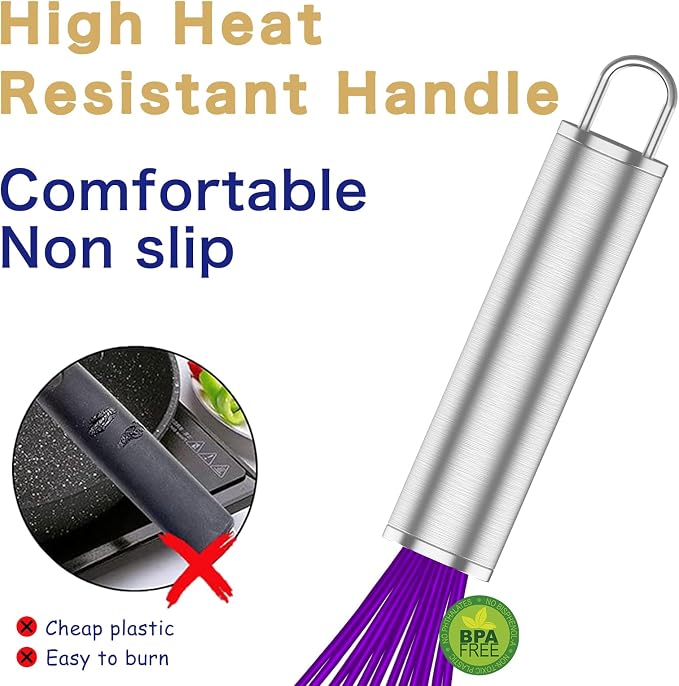 OYV Purple Silicone Whisk Set of 3, 8/10/12 Inch, Non-Scratch | Nonstick-Safe, BPA-Free Silicone, Heat Resistant Up to 480°F, Stainless Steel Core, Dishwasher Safe, Easy to Clean