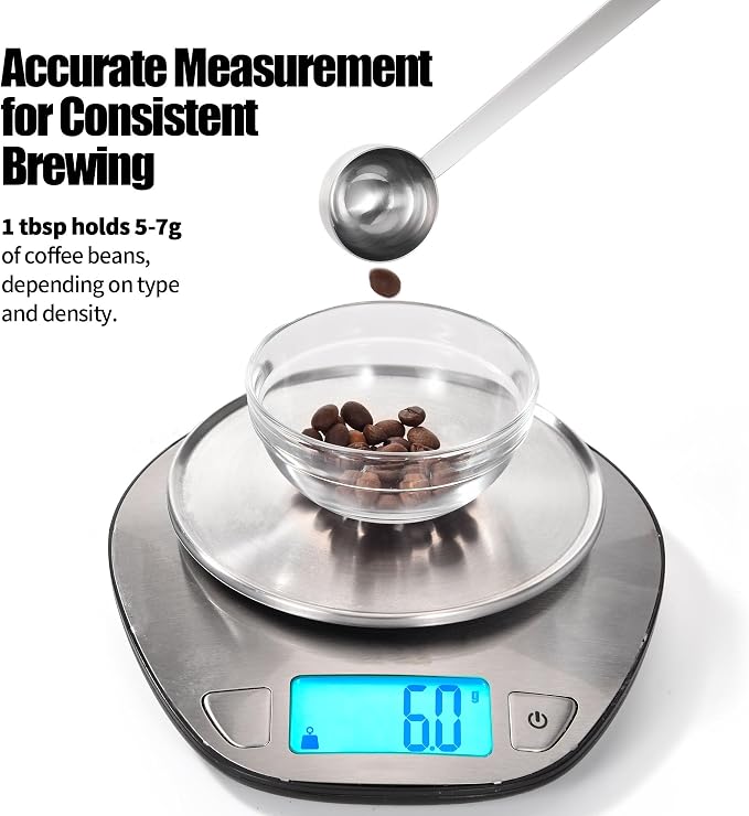 Doosu Metal 6.9in Long Handle Coffee Scoop for Ground Coffee (1 & 2 Tbsp) | Food-Grade 18/8 Stainless Steel Measuring Spoon, Tablespoon Scooper for Coffee Beans, Espresso, Protein Powders, Tea, Sugar