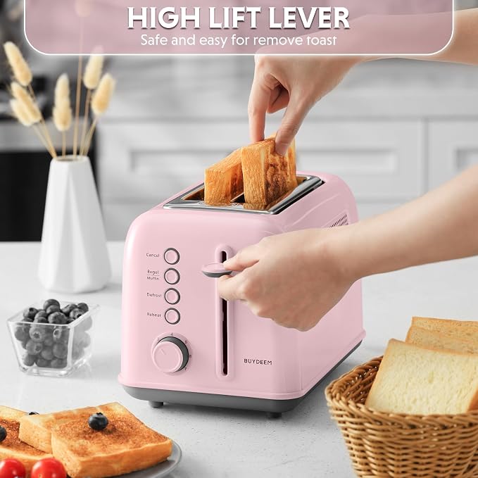 BUYDEEM DT620 2-Slice Toaster, 7 Shade Settings, Extra Wide 1.5'' Slots for Bagel & English Muffin, 6 Toasting Functions, Retro Stainless Steel Toaster with High Lift Lever, Pink