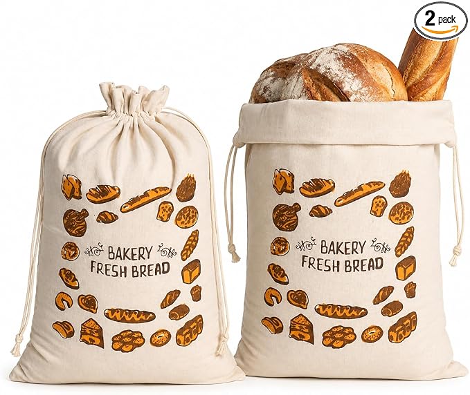 2 Pack Reusable Cotton Bread Bags for Homemade Bread, 16 x 12 Inch Drawstring Bread Storage Bags, Washable Cloth Bags for Sourdough Loaves, Baguettes, Bakery Bread, Rolls, Pastries and Produce