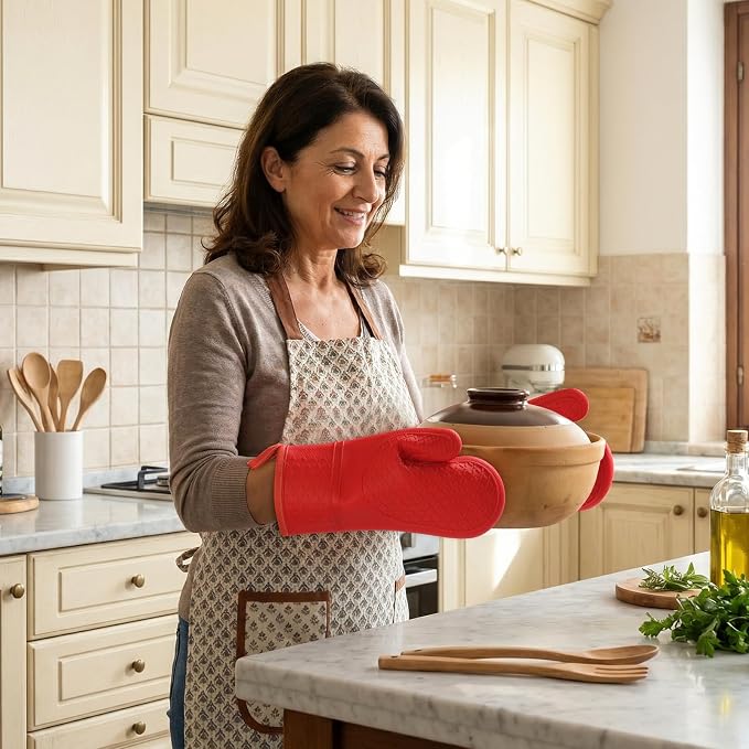 Heat Resistant Silicone Oven Mitts, Up to 500°F Protection for Baking & Grilling, 1 Pair (Red, Extra Thick)
