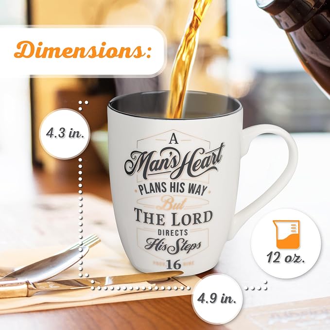Christian Art Gifts Inspirational Ceramic Coffee & Tea Scripture Mug for Men: A Man's Heart Encouraging Bible Verse Proverb, Novelty Drinkware, Golden Foil Accents, White & Black, 12 oz.