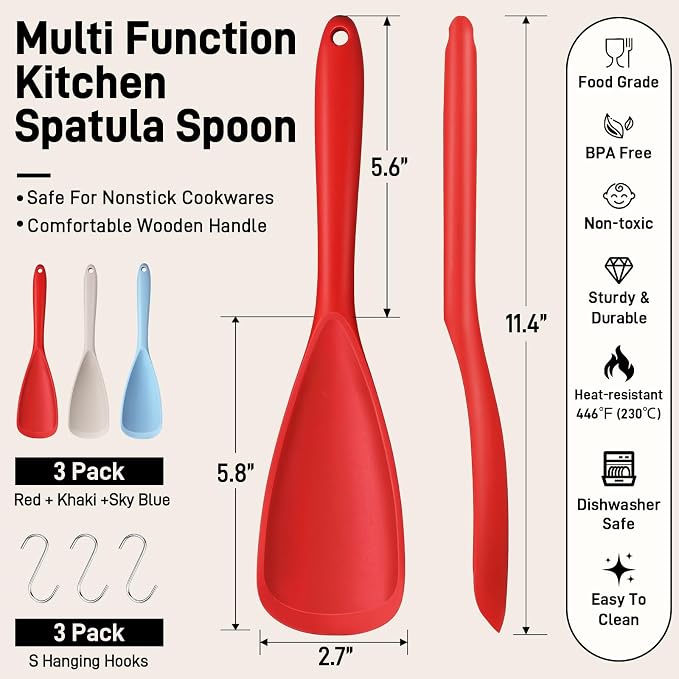 3 PACK Silicone Cooking Spatula & Spoon for Nonstick Cookware, BPA-Free | Multifunction Spoonula for Baking, Cooking, Serving, Mixing, Stirring, Scoop, Scrape - One-Piece Formed, Dishwasher Safe