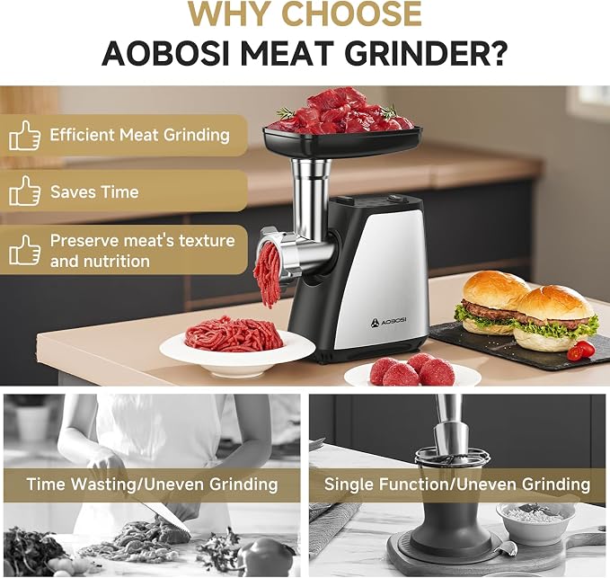 AAOBOSI Meat Grinder, 3-In-1 Meat Grinder Electric [2800W Max] with 2 Blades,3 Plates,Sausage Stuffer,Kubbe Kit for Home Kitchen Use, Stainless Steel