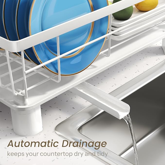 SNTD Dish Drying Rack for Small Kitchen Counter, 11" W x 15" L, White | Space Saving, Rotating Spout & Angled Drainboard for Quick Drainage, Stainless Steel, Removable Utensil Holder