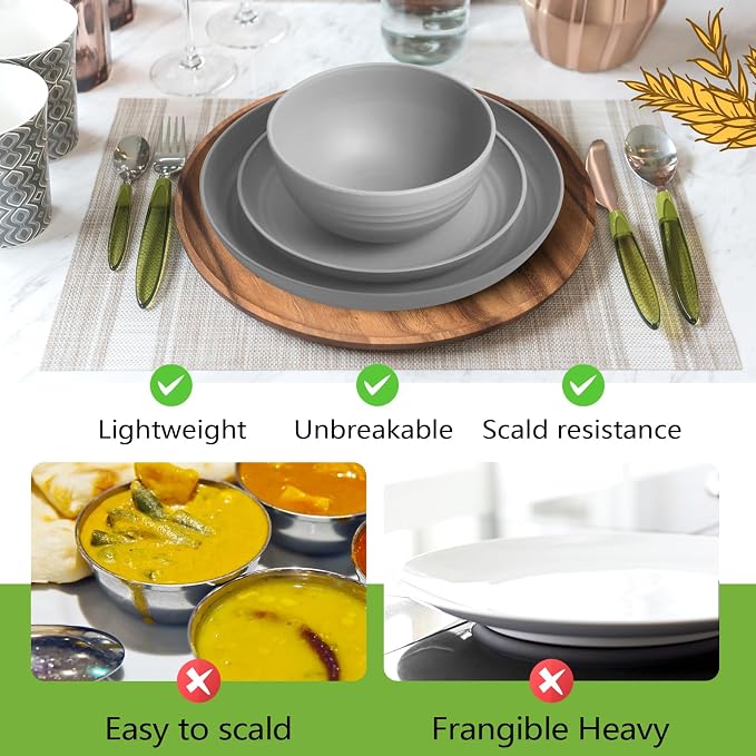 Teivio 32-Piece Plates and Bowls Sets for 8, Light Gray Dinnerware Sets | 13.5oz Cups, Plastic Wheat Straw Unbreakable Dish Set, Dishwasher Safe, for Outdoor Camping RV Apartment Essentials Plate Set
