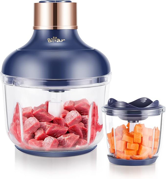 Bear Food Processor, Electric Food Chopper with 2 Glass Bowls (8 Cup+2.5 Cup), 400W Power Grinder with 2 Sets Stainless Steel Blades, 2 Speed for Meat, Vegetables, and Baby Food | Dishwasher safe, 2 sets stainless steel blades, Ideal for meat, vegetabl...