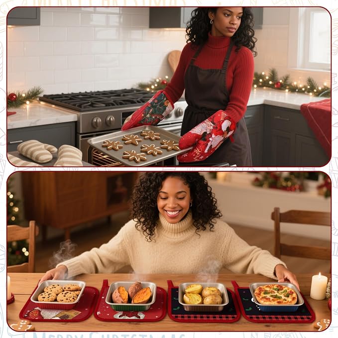 SiliFine 12 Pcs Christmas Kitchen Towels Pot Holders and Oven Mitts Set 4 African American Dish Towels 4 Buffalo Plaid Oven Mitts 4 Black Santa Claus Angel Potholders for Xmas Dish Baking Decorative