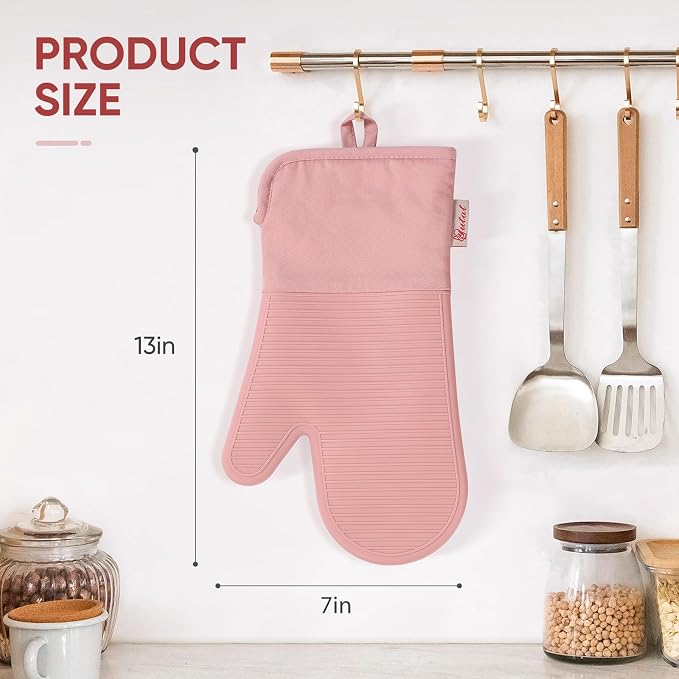 YUTAT Silicone Oven Mitts,High Heat Resistant Up to 500 Degrees,Waterproof Cooking Gloves with Soft Polyester Filling,Kitchen Potholder Set - Perfect for BBQ,Baking and Cooking,Pink,2 Pcs Set