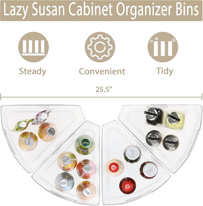 URALFA Lazy Susan Organizer Set of 8, 1/8 Wedge Corner Cabinet Organizer | 10"x9.5"x4" Clear Plastic with Handles, 4" Deep Capacity, BPA-Free Food Safe , Transparent for Easy Visibility