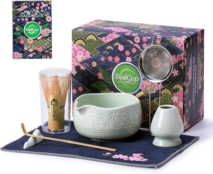 Buucup Matcha Whisk Set, Ceramic Matcha Kit with Bowl & Bamboo Whisk | 7-piece set with ceramic bowl, bamboo whisk, scoop, holder, sifter and tea towel. Ideal for beginners, daily matcha and gift