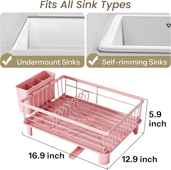SNTD Dish Drying Rack for Small Kitchen Counter, 12.9" W x 16.9" L, Pink | Space Saving, Rotating Spout & Angled Drainboard for Quick Drainage, Stainless Steel, Removable Utensil Holder