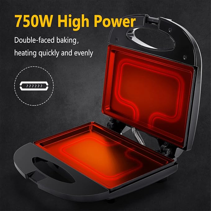 Aigostar Sandwich Maker with Non-stick Deep Grid Surface, Black | Compact Electric Grill for Egg, Ham, Steaks, Tostadora de Pan Black, ETL Certificated