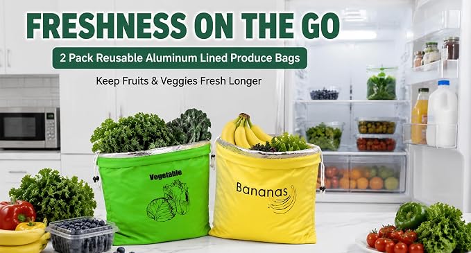 2 Pcs Banana Storage Bag with Aluminum Lining, Quick Seal Drawstring Pouches 13.7x11" for Banana & Lettuce, Reusable Produce Saver Pouches Slow Ripening for Fridge, Home Storage