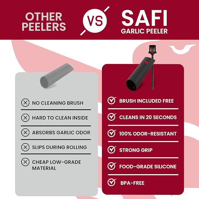 SAFI Silicone Garlic Peeler Tube Roller & Cleaning Brush Set, Garlic Skin Remover for Cloves Odor-Free Handheld Kitchen Gadget Tool Easy Clean Silicone Tube Kitchen Essentials Cooking Accessories