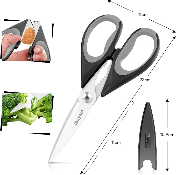 iBayam 8.5" Kitchen Scissors with Sheath, Black Cooking Scissors | All Purpose Shears, Kitchen Gadgets Utensils Set for Home,