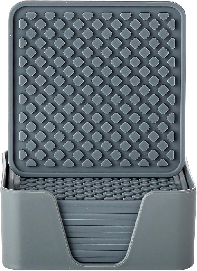 Colinda Silicone Drink Coasters with Holder, Set of 6, for Tabletop Protection and Office Desk, Cup Mat Set for Home Decor, Non-Slip and Non-Stick,Square, 4 Inch,Warm Grey