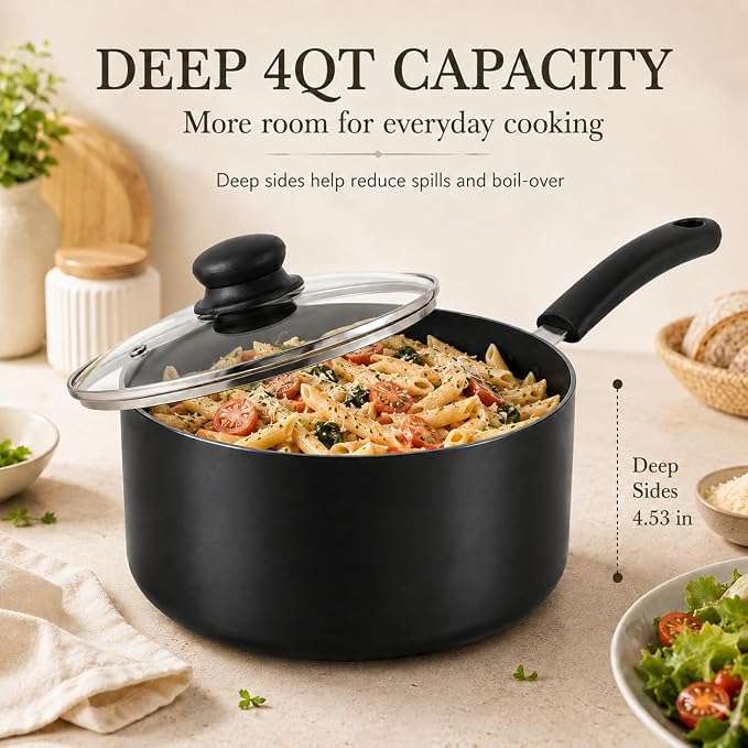 MICHELANGELO Nonstick Saucepan with Lid, Ceramic Sauce Pan Sets, Easy to Clean Sauce Pans, Multi-Purpose Cooking Pots, 4QT, Black