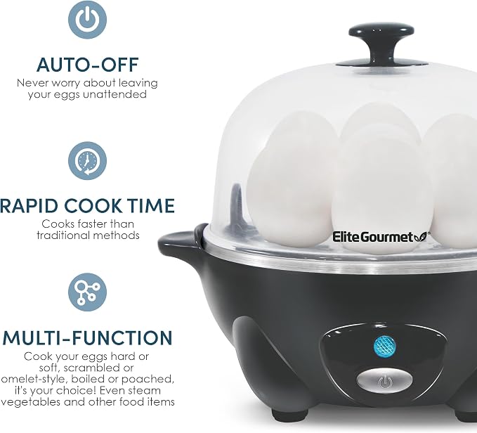 Elite Gourmet EGC710DKG Rapid Egg Cooker, 7-Egg Poacher/Omelet Maker, Ash | Easy-to-peel hard, medium, or soft-boiled eggs - auto shut-off, alarm, 16-recipe booklet included - BPA-free construction