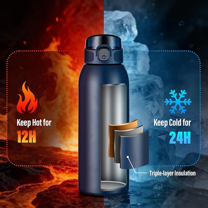 Insulated Water Bottle 24 oz with Dustproof Lid, Carry Handle & Tea Infuser, BPA-Free & Leakproof, Stainless Steel Water Bottles Ideal for Fitness, Hiking, Office & Outdoor Use (Dark Blue)