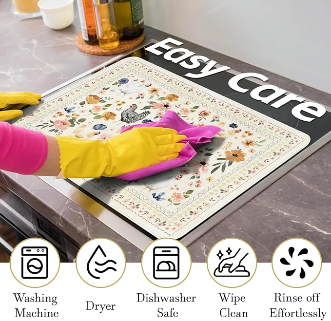 Boho Glass Stove Top Cover for Electric Stoves,Watercolor Chicken Hens Floral Farmhouse Stove Top Cover for Kitchen Decor,Heat Resistant Cooktop Protector Mat,Non-Slip Washable Dish Drying Mat 28"x20"