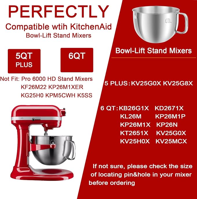 6QT Mixer Bowl for KitchenAid 6QT Bowl Lift Stand Mixers | Food Grade 304 Stainless Steel, Ergonomic Handle, Fit for KitchenAid Professional 600 & Epicurean 6QT Bowl Lift Stand Mixers