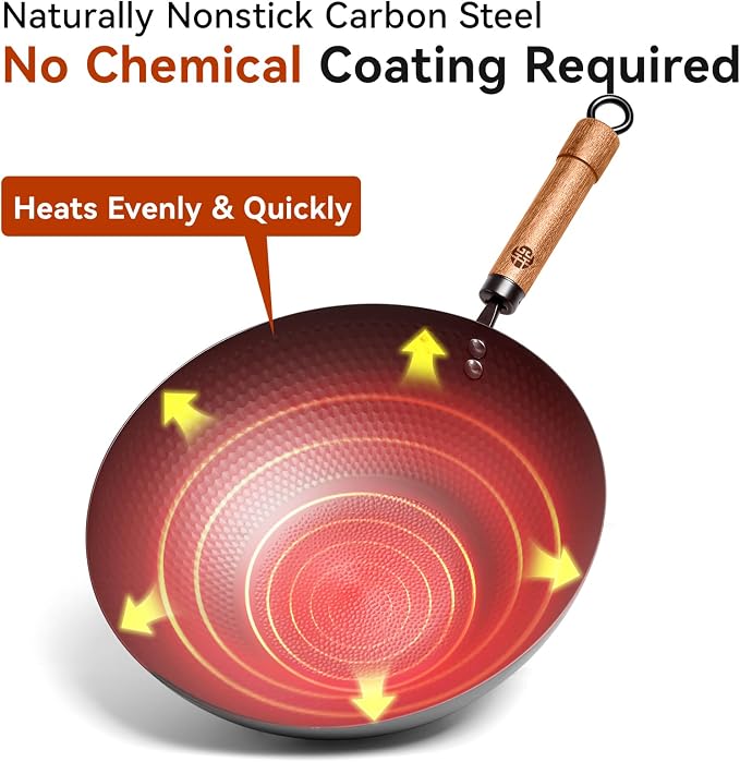 WANGYUANJI Carbon Steel Wok Pan with Lid, 12.6" Hammered Stir Fry Pan, Thickened Heavy Duty Flat Bottom Wok for Electric, Induction & Gas Stoves, Detachable Wood Handle, No Chemical Coating (Black)