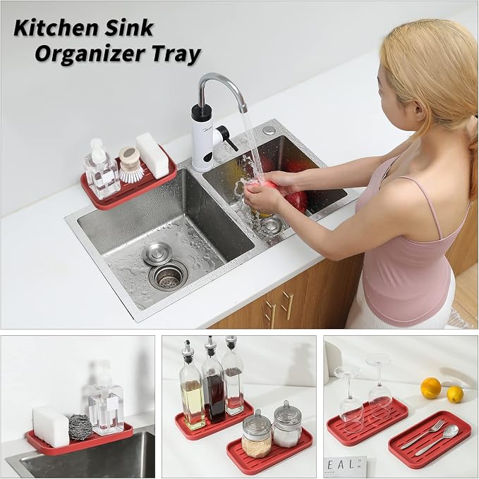 MicoYang Silicone Kitchen Sink Organizer Tray for Multiple Usage,Eco-Friendly Sponges Holder for Kitchen Bathroom Counter or Sink,Dish Soap Dispenser,Scrubber,Bottle,Cup (Red, 10"×5.3")