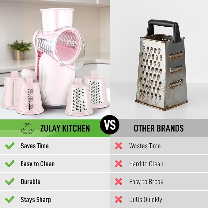 Zulay Kitchen Rotary Cheese Grater 5 Blade Cheese Shredder - Manual Hand Crank Cheese Grater With Reinforced Suction & 5 Interchangeable Drums - Easy to Use, Vegetable Chopper Round Mandoline Slicer