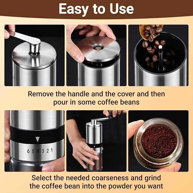Ceramic Burr Manual Coffee Grinder with 6 Adjustable Coarseness Settings | For Espresso Beans French Press Pour Over Drip, Stainless Steel Hand Crank Coffee Mill for Home Use Office Travel Camping