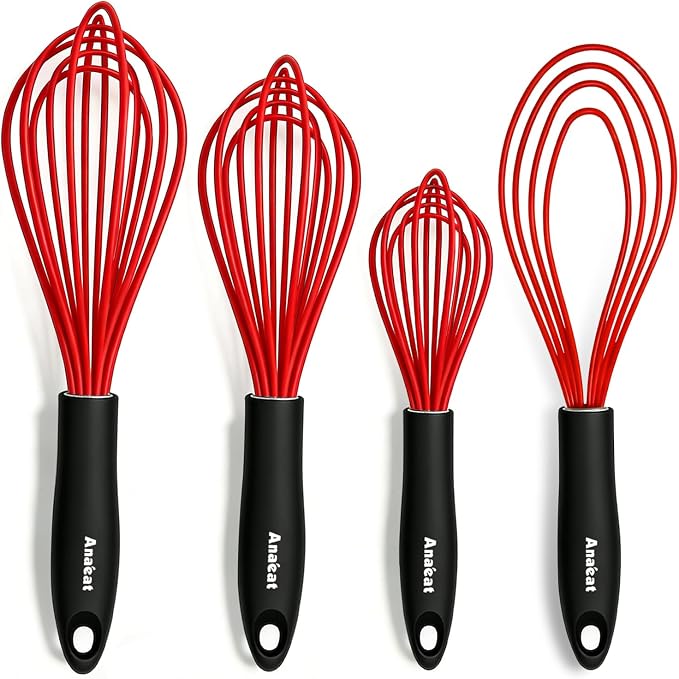 Anaeat Silicone Kitchen Whisk Set of 4, Perfect for Non-Stick Cookware, Milk and Egg Beater Blender for Whisking, Cooking, Baking, Beating - 11'' Flat Whisk and 9''+11''+12'' Balloon Whisks (Red)