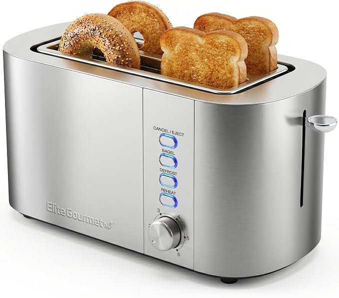 Elite Gourmet ECT4123X 4-Slice Long Slot Toaster, Stainless Steel | 6 Toast Shade Settings, Bagel, Defrost & Cancel Functions, 1.5" & 5.1" Deep Slots Fit Bagels, Waffles & Artisan Breads
