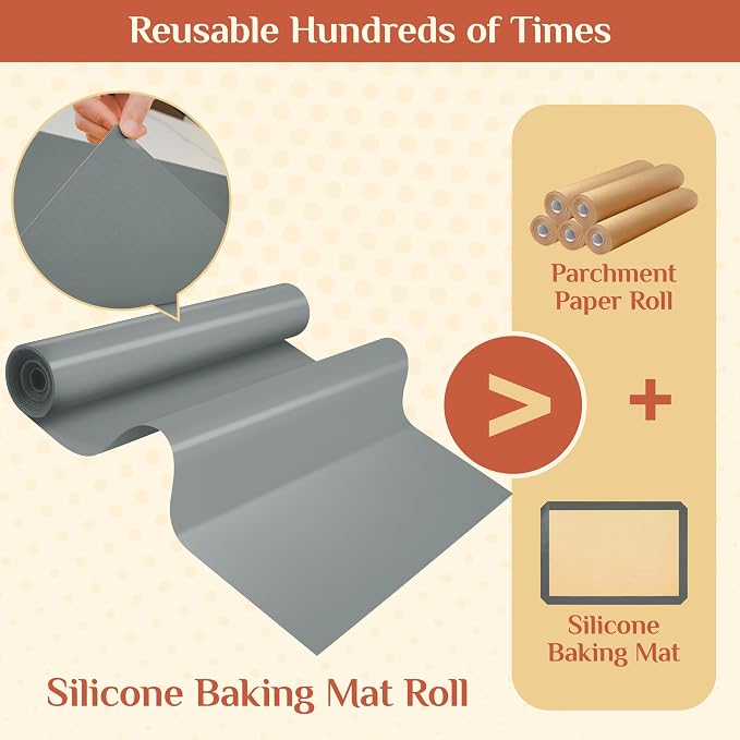 GTJ Silicone Baking Mat Roll, Reusable Baking Sheet Liners, 12 in x 10 ft | Free Cut to Size, Food-Grade, Non-Stick, Non-Slip, For Dough, Pastry, Air Fryer, Freeze Dryer, Oven Pan, Kitchen Counter