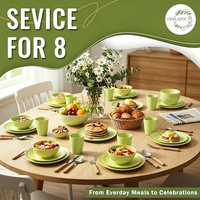 Wheat Straw Dinnerware Set 40-Piece Service for 8 Unbreakable Dishes Set Plates and Bowls Sets Drinking Glasses Microwave Safe Dish Set Lightweight Dinnerware Set for Home & Kitchen - Yellow