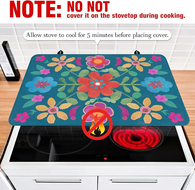 Boho Glass Stove Top Cover for Electric Stoves,Flower Floral Farmhouse Stove Top Cover for Kitchen Decor,Heat Resistant Cooktop Protector Mat,Non-Slip Washable Dish Drying Mat 28"x20"