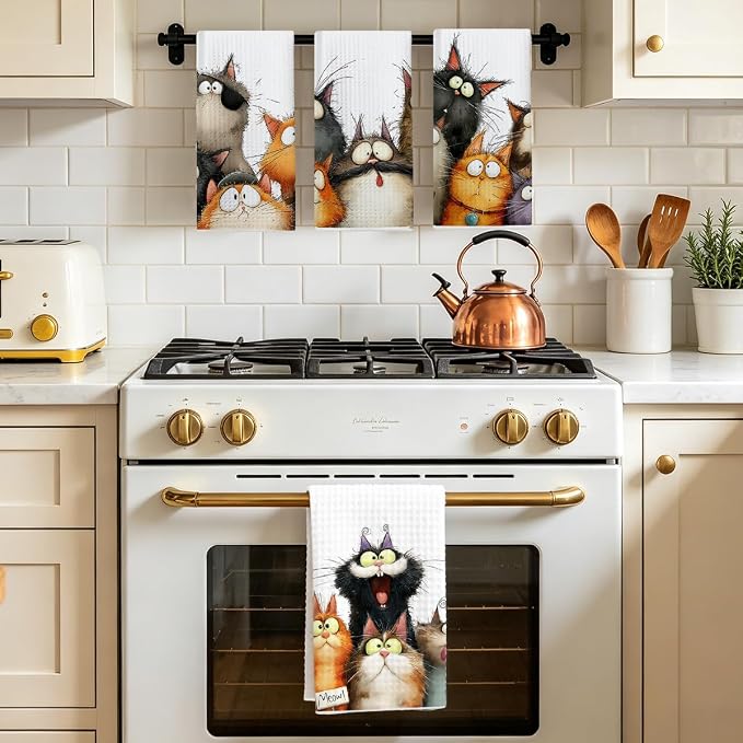4 Pcs Cute Cat Kitchen Towels, Funny Cats Gifts Absorbent Hand Towels-07 | Cat Dish Cloths for Drying Dishes, Cats Waffle Dish Towels for Kitchen Home Bathroom Decor, Cat Lover Gifts for Women Mom