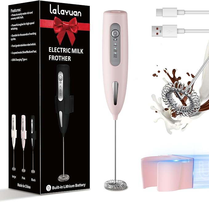 Electric Milk Frother, Three speed adjustment, USB Rechargeable Cordless Hand Blender with Sticky Stand Included, 304 stainless steel Egg Beater, Mixed Drinks, Coffee Stirrers (Pink set)