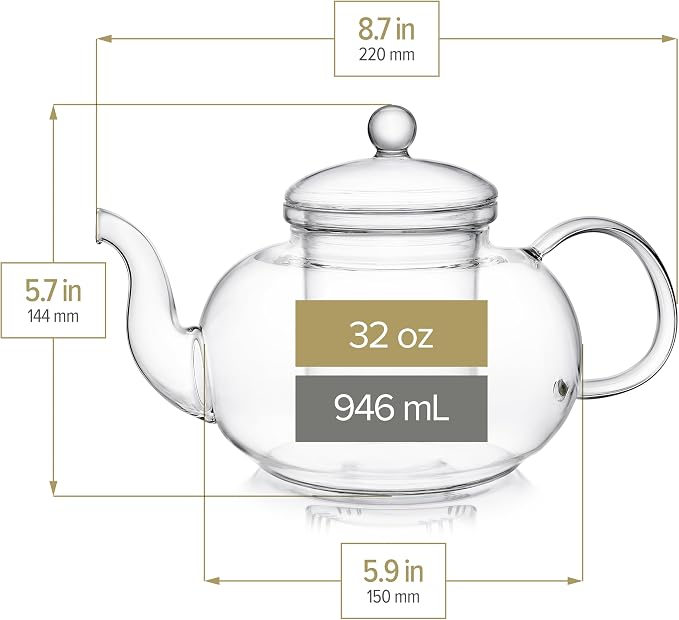 Teabloom Blossoms Glass Teapot – Stovetop and Microwave Safe Borosilicate Glass Teapot with Removable Loose Tea Glass Infuser (32 Oz) - Tea Purist's Choice