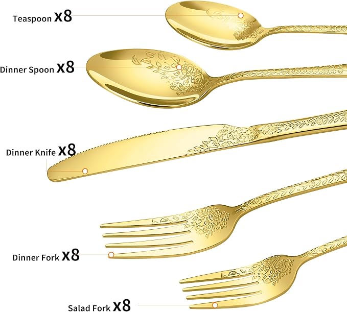 40 Pcs Gold Silverware Set for 8, Food Grade Stainless Steel Flatware Set, Eating Utensils Sets Include Fork/Knife/Spoon, Reusable Cutlery Set for Home Kitchen, Dishwasher Safe, Embossed pattern-1