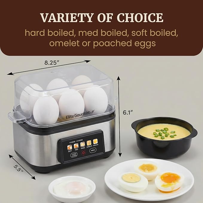 Elite Gourmet Digital Egg Cooker, 6-Egg, Steel Heating Plate & Housing | One-touch graphic display cooks soft, medium, or hard-boiled eggs plus poached eggs and omelets - auto shut-off feature