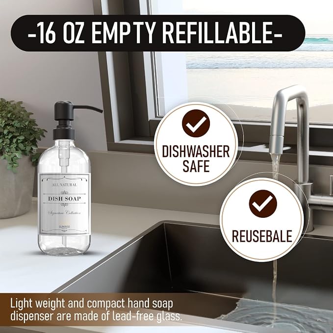 Clear Glass Soap Dispenser with Pump, 16 oz | Clear Glass, Matte Black Stainless Steel Pump, Bathroom and Kitchen Sink use, 6 Waterproof Labels, (Pack of 2)