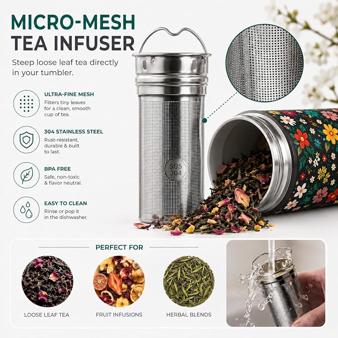 22 oz Ceramic Lined Tea Infuser Travel Tumbler, Micro-Mesh Stainless Steel Infuser, Pure Taste Ceramic Interior, Triple Insulated 12hr Hot Cold, Dual Sip & Straw Lid, Scratch-Resistant