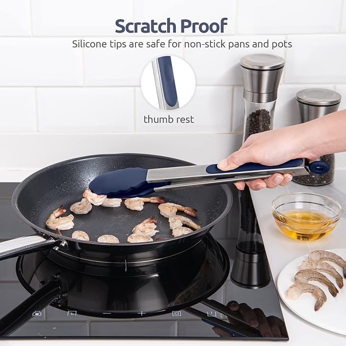 U-Taste Kitchen Tong for Cooking, 600ºF Heat-Resistant, 12in/Midnight Blue | Large Tongs for Serving Food, Big Rubber Tong for Grill/BBQ, Silicone Tips & 18/8 Stainless Steel Handle, Smooth Locking